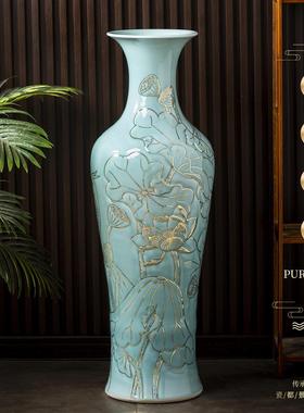 威弗列德新中式景德镇陶瓷器青玉釉雕刻牡丹描金大号花瓶落地摆件