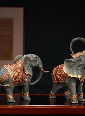 纯黄铜彩绘大象摆件镇宅招财进宝风水吉象一对玄关动物装饰品摆设