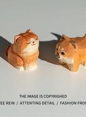 送TA一对小猫小狗！橘猫手工木雕柴犬桌面创意摆件治愈系毕业礼物