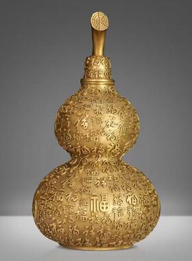 高档大小号纯黄铜葫芦金色百福葫芦空心福字有叶开盖家居客厅装饰