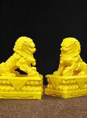 陶瓷红色石狮子手工精雕一对看门镇宅家用招财客厅摆件汉白玉