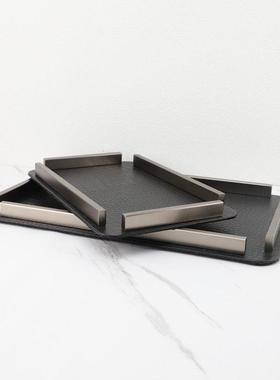 北欧轻奢金属皮革收纳托盘摆件样板间家居客厅桌面几何创意装饰品