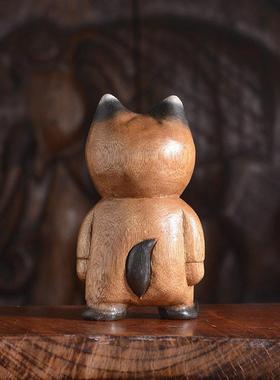 泰国进口雕刻猫咪实木摆件家居装饰品桌面新中式家庭小猫摆设招财