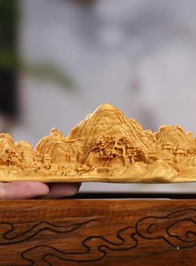 黄杨木雕刻千里江山摆件笔搁笔架山水画文房送礼品手把件家居饰品