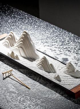 中式禅意枯山水室内软装饰品客厅茶室桌面陶瓷假山摆件茶空间设计