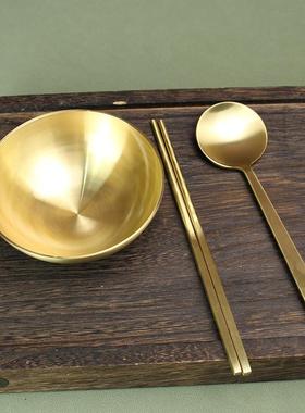 纯铜加厚碗筷勺叉套装家用防烫黄铜饭碗工艺品结婚礼物金黄铜饭碗