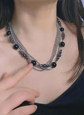 层缠绕金多炼条黑曜石珠项炼女暗黑夸属张个N-5501性串独特锁骨炼