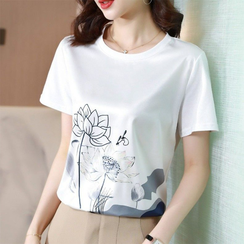 AB面女印花百搭圆领夏季薄款缎面拼接短袖女冰丝正肩T恤3D印花
