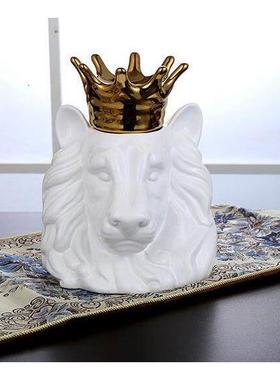 客厅房间陶瓷狮子头动物收纳罐摆件酒柜装饰品摆设北欧风格摆件