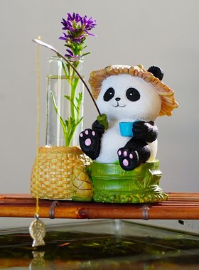 钓鱼熊猫花器h可爱鱼缸造景摆件流水族箱鱼池装饰品桌面小花瓶摆