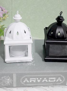 欧式复古玻璃铁艺烛台小风灯小油灯节日气氛装饰品金属工艺品摆件