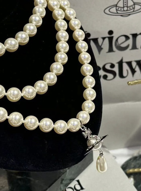 日单蕾系星球同款复古多层珍珠项链日系满钻土星颈链毛衣链choker