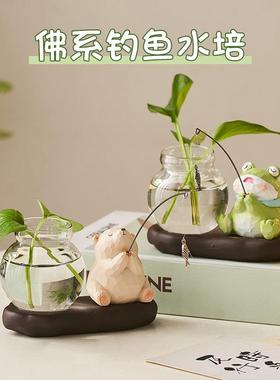 小猫钓鱼玻璃花瓶水培绿植摆件装饰品办公室桌面工位氛围布置好物