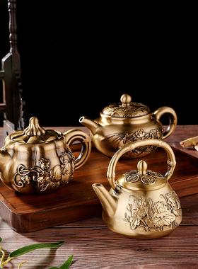 黄铜龙凤小茶壶金属仿古工艺品纯铜手把壶办公室茶道具小铜器摆件