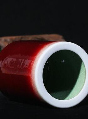 景德镇陶瓷器仿古郎红釉笔筒时尚办公室书房装饰摆件教师礼品大号