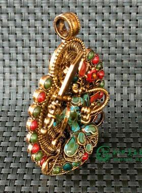 藏传用品佛像尼泊尔纯铜手工鎏金文殊菩萨生肖兔守护神吊坠牌