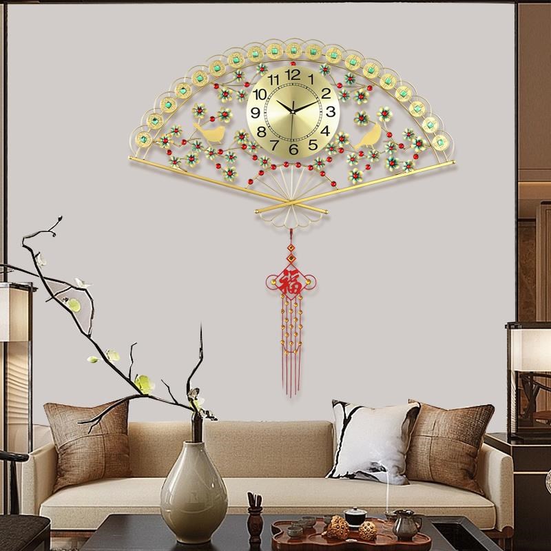 Living room wall wall decoration pendant decorative wall Chinese wall clock decoration restaurant bedroom wall decoration fan-shaped hanging watch