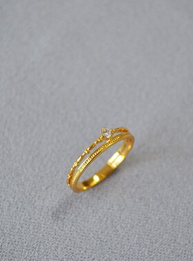 日系小众轻奢复古简约双层线条锆石闪H钻黄铜镀金叠戴细戒指食指