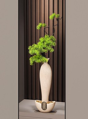 新中式招财元宝陶瓷细o长高花瓶入户玄关摆件客厅迎客松装饰高级