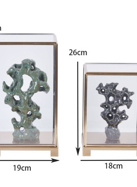 新中式陶瓷太湖石金属架工艺装饰品样板房售楼部软装家居玄关摆件