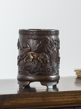 五虎铜笔筒摆件创意工艺品 复古教师节礼品 办公室桌面书房摆设