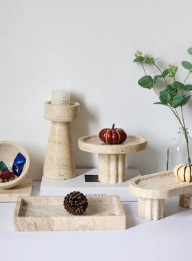 侘寂风大理石托盘复古黄洞石高脚果盘装饰盘民宿样板间软装摆件