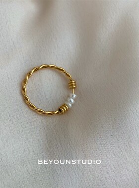 别样天然淡水珍珠手工绕线麻花钛钢D金色不掉色轻奢小众细戒指532