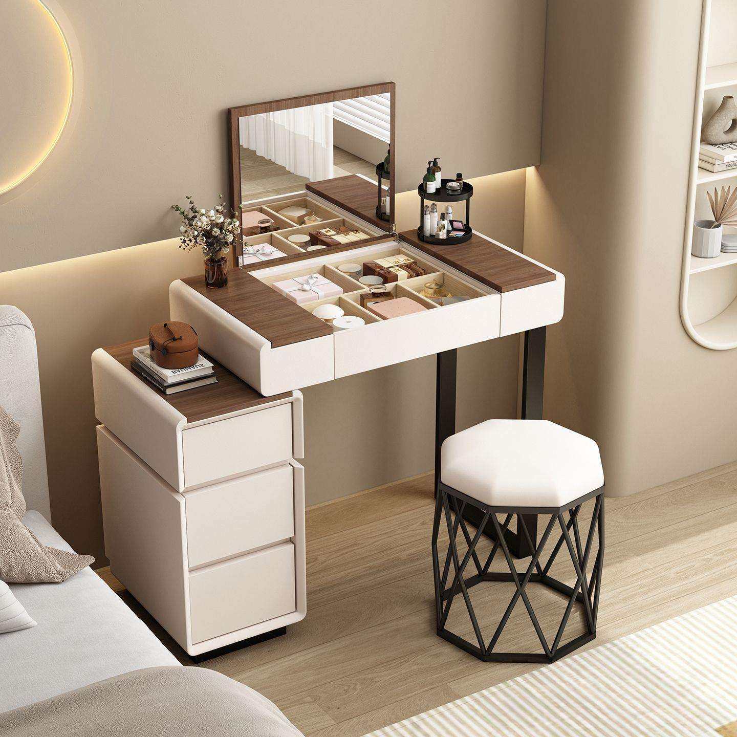 2025翻盖小户型梳妆台北欧卧室现代简约书桌多功能斗柜一体化妆桌,淘宝优惠券,粉丝福利购,淘宝优惠卷