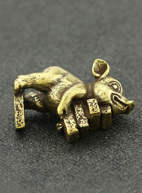 复古做旧实心纯黄铜可爱小猪搬砖书桌装饰摆饰奋斗猪手把件工艺礼