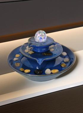 欧式蓝色陶瓷喷泉流水器家居客厅柜台桌面水景水晶球室内装饰摆件