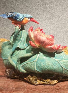 荷花翠鸟和和美美手工摆件石湾陶瓷公仔中式客厅玄关装饰品桌面