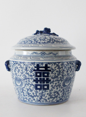 手绘喜字陶瓷青花瓷覆古茶叶罐插花彷古中式客厅博古架装饰摆件