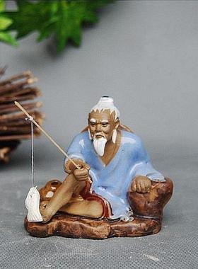 姜太公钓鱼起渔陶瓷摆件假山山水人物配件家居屏风书架摆放装饰品