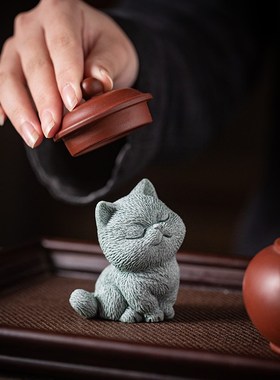 可爱萌趣小猫咪可养茶宠摆件创意动物猫盖置笔架书房镇纸桌面装饰