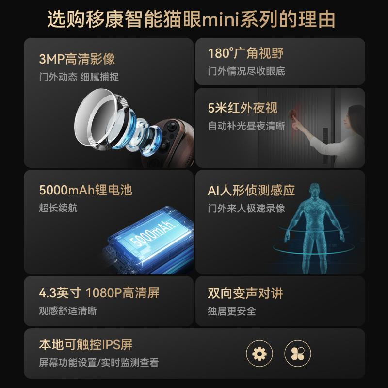 移康智能猫眼180度触控屏幕家用电子可视门铃监视摄影镜头远程防 - 图0