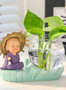 办公室桌面家居四不小和尚禅意茶宠茶几I装饰绿萝水培花瓶器皿摆