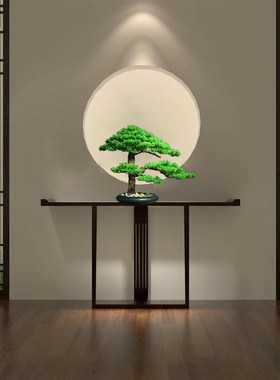 仿真迎客松酒店桌面玄关绿植物假松树罗汉松盆景室内中式实木摆件