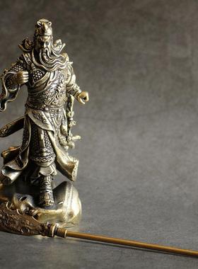 实心铜关公办公桌面小摆件纯黄铜关羽铜像仿古微雕古玩铜器铜雕像