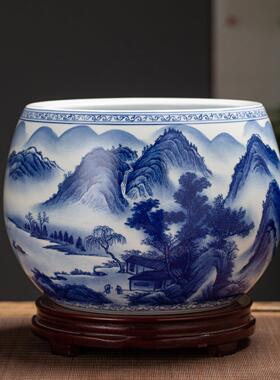 景德镇陶瓷手绘青花瓷聚宝盆客厅入口桌面中式装饰物吉祥鱼缸