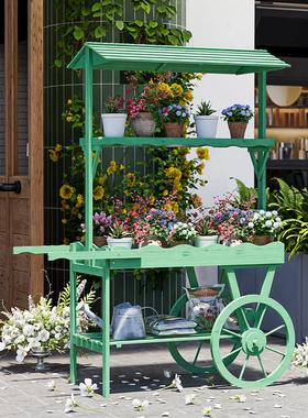 室内花架装饰摆饰实木推车置物架花店商场创意展示架子超市促销车