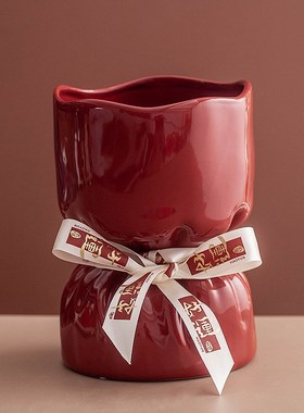 创意红色陶瓷花瓶水o培植物干花鲜花插花花瓶客厅桌面玄关装饰摆