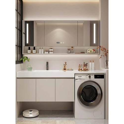 岩板陶瓷无缝一体盆洗衣机柜浴室柜组合卫生间洗手台洗脸盆洗漱台 - 图1