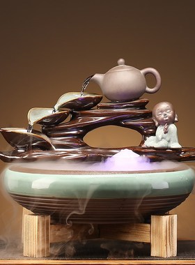 创意陶瓷金鱼缸客厅循环流水小型桌面喷泉办公室水车招财礼品