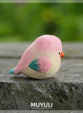 纯手工木雕小肥啾迷你电脑桌面摆件治愈粉鹦鹉奶油风小鸟装饰礼物