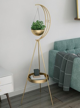 北欧轻奢金色铁艺花架家居客厅花盆吊篮架家用店铺落地置物架摆件