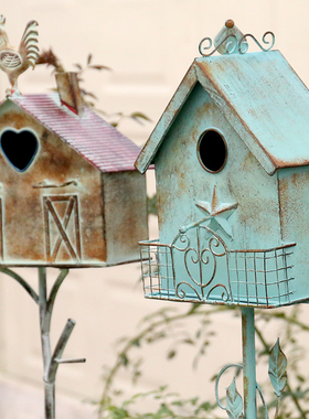 复古铁质小鸟房子乡村田园鸟屋地插花插鸟笼鸟屋藤蔓爬架爬藤架子