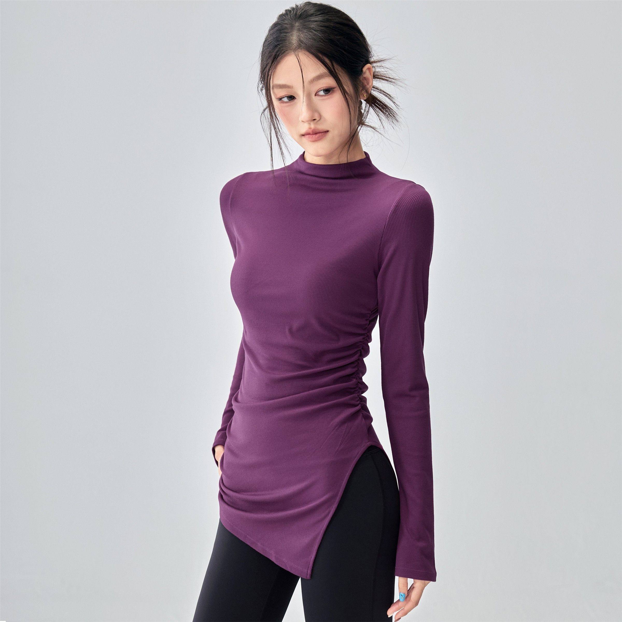 秋冬长袖半高领显身材时尚紧身运动喇叭罩衫普拉提训练紫色上衣女,淘宝优惠券,粉丝福利购,淘宝优惠卷