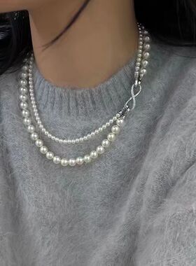 施家玻璃珠双层珍珠锁骨链轻奢女