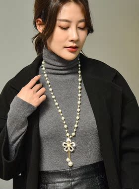 珍珠五瓣花流苏毛衣链女长款项链