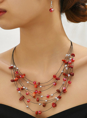 欧美波西米亚风松石碎石水晶项链